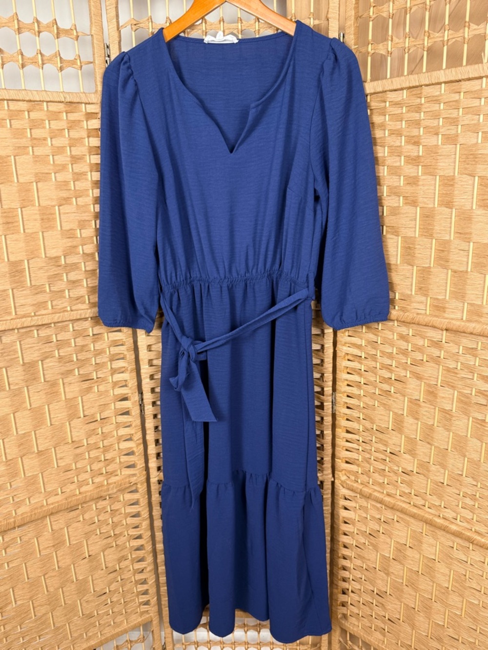Lucky Brand Women’s Blue Midi Dress Sleeve Tie Waist Puff Sleeve Size Medium
